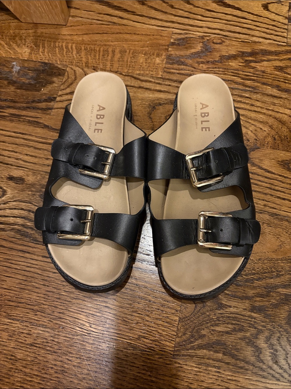 Able Black Double-Buckle Leather Slide Sandals